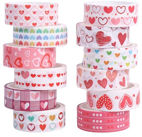 Washi Tape Set,12 Rolls Heart Adhesive Decorative Cute Tape,Bullet Journal Accessories for Stationery,Planners,Scrapbook,Gift Wrapping