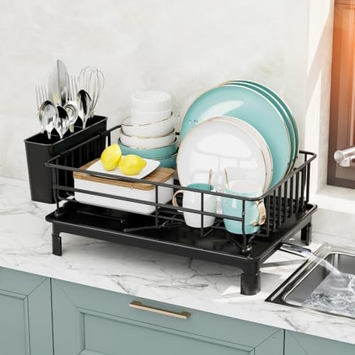 FUBESK Égouttoir de cuisine avec égouttoir et panier à couverts amovible, égouttoir à vaisselle peu encombrant pour ustensiles, couteaux, bols, verres et planches à découper, ABS + acier inoxydable