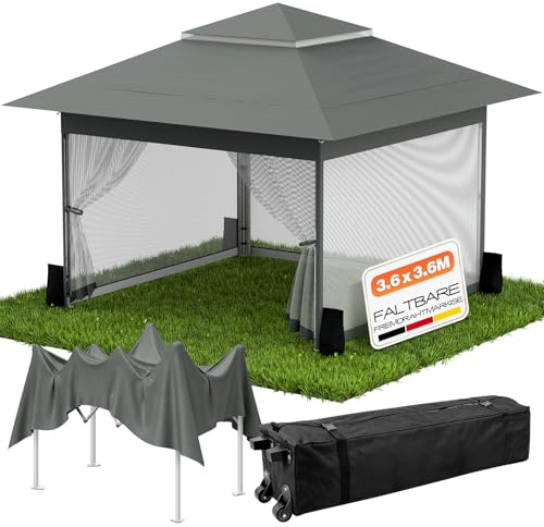Huracan Pabellón de jardín Plegable 3,6 x 3,6m, Carpa Impermeable, Gazebo con 4 mosquiteras Laterales y Sacos de Arena, Regulable en Altura, Carpa de jardín con Techo Doble, Antracita