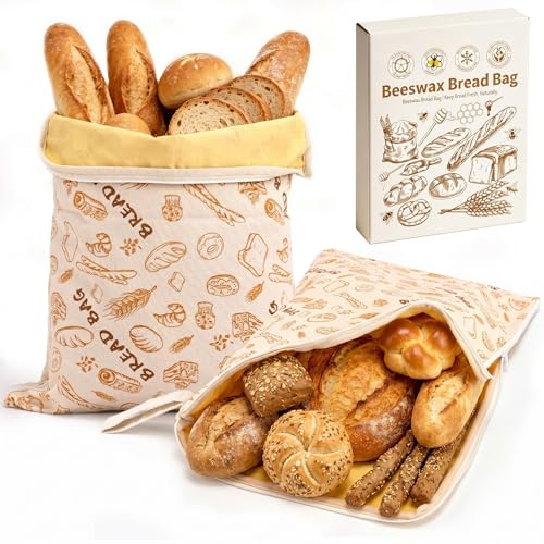 AHJ Confezione da 2 Sacchetti per Pane in Cera d'Api 43x33cm, Borsa Porta Pane Riutilizzabile in Cotone e Lino con Cerniera a L per Sourdough Fatto in Casa, Baguette e Pane Artigianale Lavabile