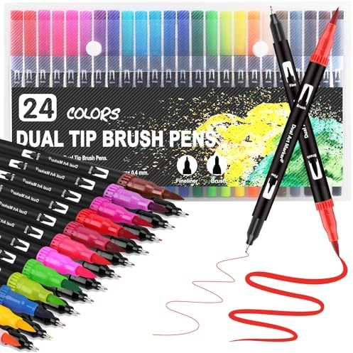 Funnasting Colouring Pens Dual Tip Brush Pens, 24 Colors Felt Tip Pens for Adults, Brush Marker Pens for Colouring Book Journal Drawing Lettering Sketching