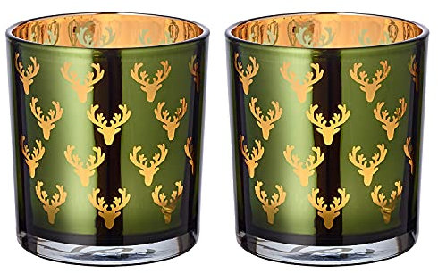 EDZARD 2er Set Windlicht Teelichtglas Kerzenglas Dirk, grün, Hirsch, Höhe 8 cm