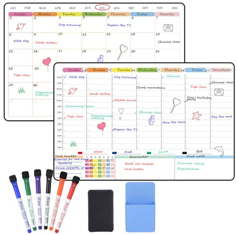 POPRUN 2 Pack Dry Erase Calendar 16.5 × 11, Weekly & Monthly Self Adhesive Planning Board with Time Slots for Wall Glass Wood, Home Office Organizer