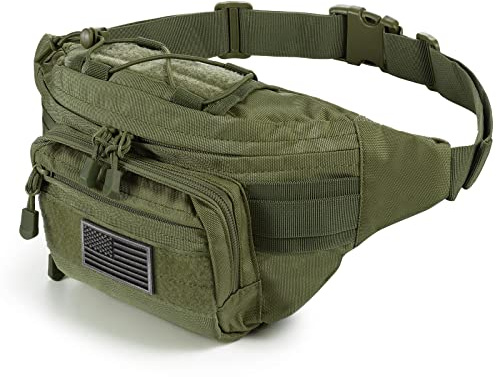 SOWHUP Taktische Bauchtasche, Militär-Hüfttasche mit US-Patch, Hüftgurt, Bauchtasche für Outdoor, Angeln, Wandern, Armeegrün (4 Reißverschlusstaschen), S, Taktische Bauchtasche