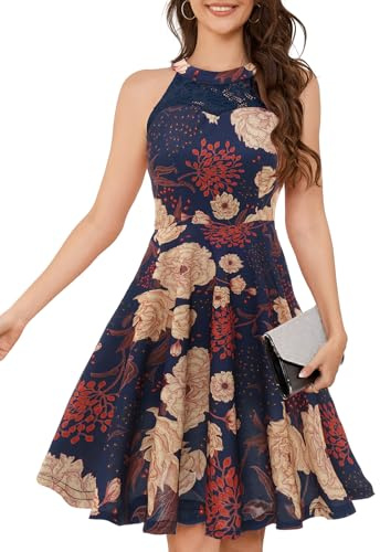 Bbonlinedress Abito da donna per cocktail, ballo di fine anno, abito da sposa con scollo all'americana in pizzo, abito corto da sera corto vintage, Fiore Giallo Navy, XX-Large