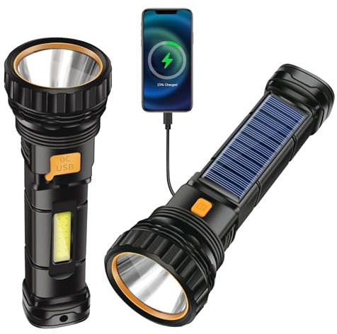 Solar Taschenlampe LED, USB Wiederaufladbar Solar Taschenlampe, Solar Powerbank Taschenlampe mit 3 Modi, LED Stroboskop Wasserdicht Torch, Taschenlampen Lampe Ideal Für Angeln,Notfall,Outdoor,2 Packs