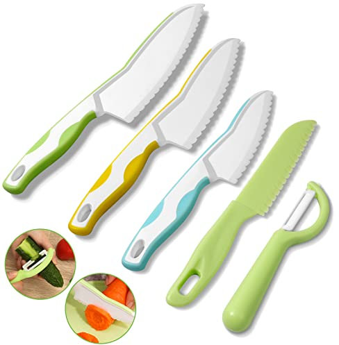 Goodchef Coltello da cucina per bambini 5 pezzi per tagliare e cuocere frutta o verdura per i più piccoli, incluso pelapatate Lama di sicurezza a partire dai 2 anni Set regalo per bambini