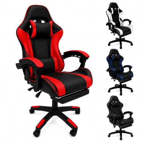 SISA BY GL – Sedia Gaming Ergonomica Reclinabile fino a 135°, con Poggiapiedi, Supporto Lombare e Poggiatesta, Rotazione 360°, Pistone a Gas, Pelle Sintetica Nera – Sedia Gaming Rosso/Nera