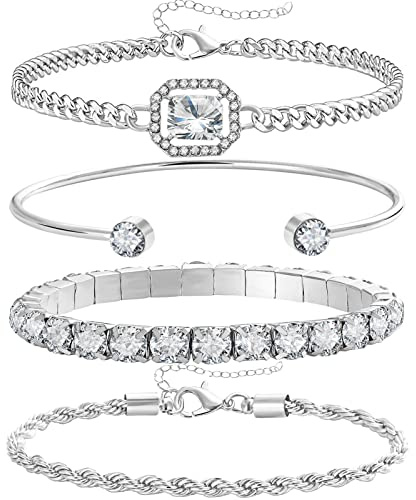 17IF 4 Pcs Dainty Silver Bracelets Set for Women 14K Plated Link Cubic Zirconia Paperclip Stack Layering Chain Adjustable Trendy Hand Jewelry (Silver)