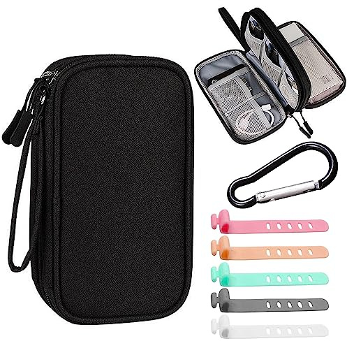 1 Bolsa de Accesorios de Doble Capa, 6 Bridas para Cables, 1 mosquetón, Bolsa de Transporte con Doble Cremallera, Mini Bolsa de Viaje, Bolsa de Almacenamiento Digital (Negra)