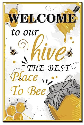 CREATCABIN Bees Metal Tin Sign Poster Vintage Retro Wall Art Decor Hanging Fer Peinture Plaque pour Maison Cuisine Salle de Bains 30 x 21 cm-Welcome to Our Hive The Best Place to Bee
