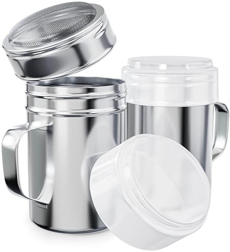 CUSINIUM 14 Ounce Powdered Sugar Shaker Duster With Handle - Fine Mesh - With Plastic Cap - Pack of 2