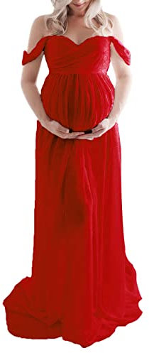 Loalirando Schwangerschaftskleid, Shooting, Foto, aus leichtem Chiffon, Maxi-Länge, schulterfrei, für Fotografie, rot, X-Large