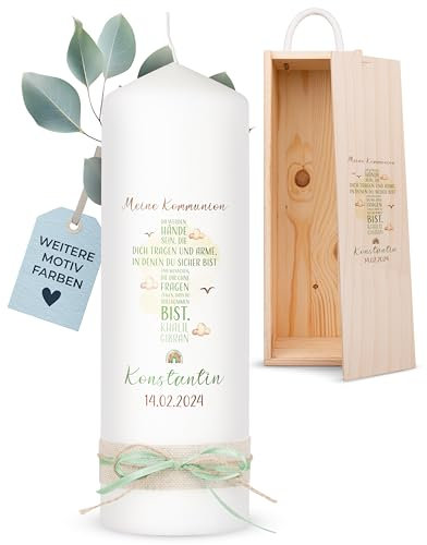 AMARI ® Kommunionkerze personalisiert Kreuz Schrift (002.08.02) H:25cm/⌀:8cm - Kerze Kommunion - Kommunionkerze Junge/Mädchen - Kommunionkerze selbst gestalten - Kommunionkerze personalisiert