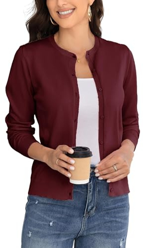 BERESIA Ladies Cardigan Womens Knit Sweater with Buttons Round Neck Crewneck Coat Elegant, Wine L