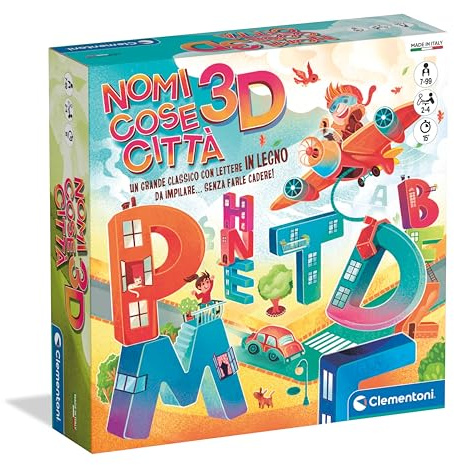 Clementoni - Nomi Cose e Città 3D, Gioco da Tavolo con Lettere in Legno e 30 Carte Categoria, per Bambini 7+ Anni e Tutta la Famiglia, 2-4 Giocatori, Made in Italy, Lingua Italiana, 16827
