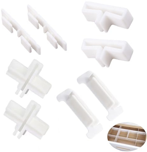 UtySty 22 Pack Drawer Divider Clips Holder Plastic Mount Fixing Buckle Corner Angle Cross Connector Ends for Drawer Organizer Partition Grid Plates Separators Rail Box Installation (4 Types)