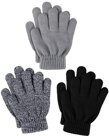 Glooarm 3 Pairs Kids Gloves Winter Gloves Thick Cashmere Magic Gloves Knit Stretchy Warm Gloves Boys Girls 4-14 Years