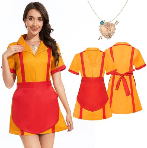 Risingor 2 Broke Girls Kostüm, Caroline und Max Kostüm mit Broke Girls Schürze Halsketten, Damen Kellnerin, Maid Dress für Damen Karneval Geburtstage Cosplay Motto-Party (M)