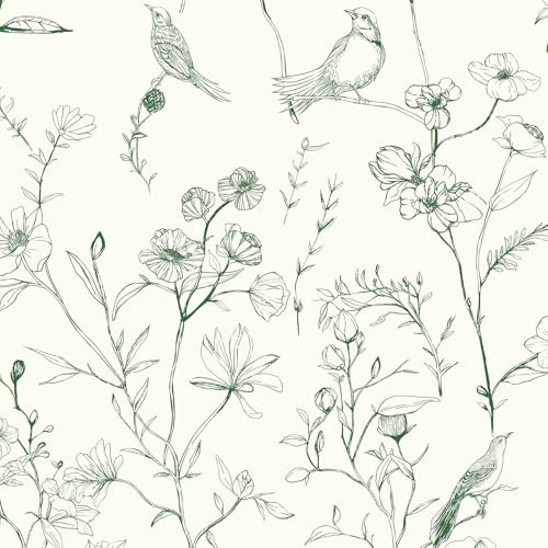 CiCiwind Självhäftande tapet 44 cm × 3 m möbelfolie självhäftande beige grön blomma och fåglar tapeter vattentät vinyl självhäftande film tjock självhäftande tapet självhäftande för vägg möbler
