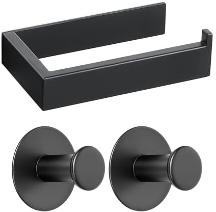 SAYAYO Porte Papier Toilette Mural et 2 Pièces Crochet Adhésif, Support Papier Toilette et Crochet en 304 Acier Inoxydable, Patère sans Perçage Salle de Bain, Noir Mat