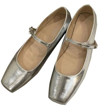 Mary Jane - Zapatos planos para mujer, con punta cuadrada, elegantes, tacón bajo, con hebilla, para noche, baile, trabajo, boda, cómodos, para fiestas, princesas, plata, 38 EU