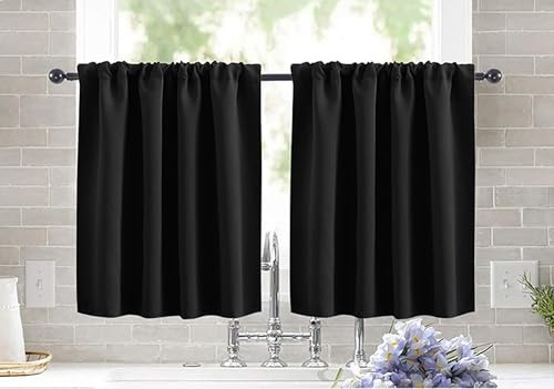 KnSam Fönstergardiner uppsättning av 2 köksgardiner ogenomskinliga fönstergardin modern vågformad textur korta storer eleganta bistrogardiner för vardagsrum svart B 75 cm x H 60 cm, 2 stycken