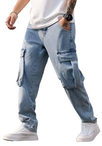 Zewool Pantaloni da uomo Baggy Cargo Jeans con taglio ampio e stile Hip Hop Streetwear in denim da jeans, L