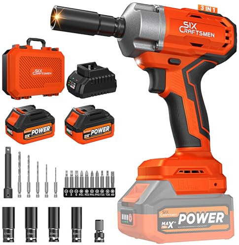 SIX CRAFTSMEN Avvitatore a Impulsi Brushless 700 N.m, 21V 1/2 Avvitatore a Percussione, Avvitatore ad Impulsi con 2 * 4.0Ah Batterie, Velocità Variabile, Ideale per Auto Familiare/Pickup/Tosaerba