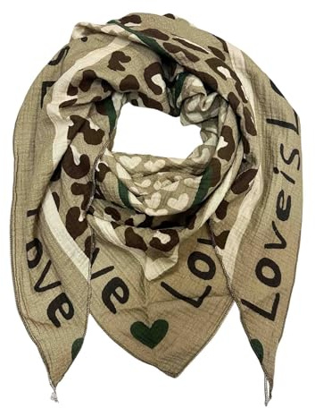 Écharpe triangulaire XL en tricot motif cœur léopard printemps écharpe 100 % coton fabriqué en Italie mode écharpe triangulaire automne printemps foulard léopard love is love happy, 190 x 85 cm