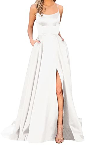 2025 Elegante vestido de fiesta para mujer vestido de noche largo sin espalda cruzada de satén tirantes espaguetis abertura lateral vestido de fiesta de boda con bolsillos