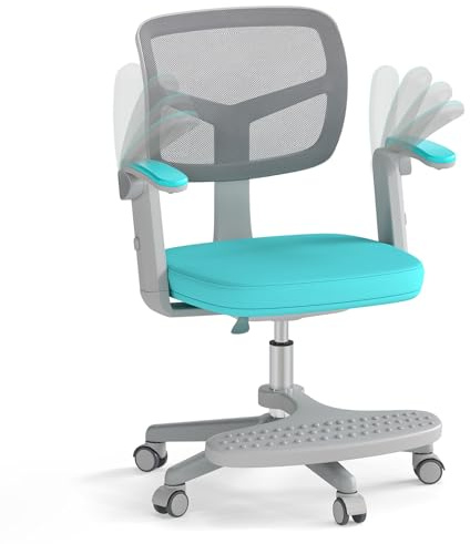 LIFEZEAL Silla de Oficina Infantil Giratoria 360°, con Reposapiés, Altura Ajustable, Apoyabrazos Elevables, Silla Ergonómica para Niños, Carga 150 Kg (Verde)