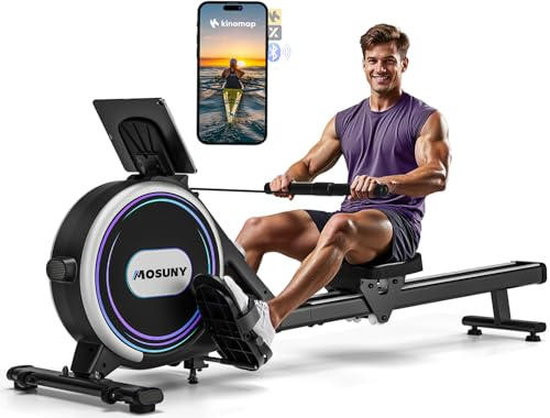 MOSUNY Rameur Musculation D'appartement, 32 Niveaux de Résistance Rameur Magnétique, Glissières doubles améliorées, Ultra silencieux, App-Compatible, LCD-Datenanzeige, Capacité de poids jusqu'à 180 kg