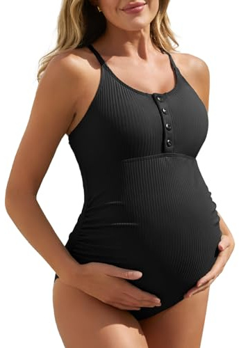 Summer Mae Maternity Swimsuit One Piece Bathing Suit Button Neck Cross Back Black L