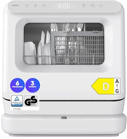 MEDION Mini Lavastoviglie DWT30, 3 Coperti, Lavastoviglie da Tavolo, funziona con o senza collegamento idrico, 6 Programmi, Luce UV, Asciugatura ad Aria, Display Touch, libera installazione, MD370022