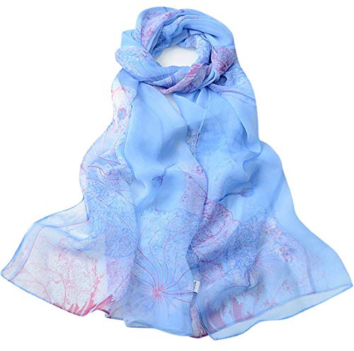 CMTOP Echarpe Soie Femme Chale Femme Mousseline de Soie Elégant Retro Foulard en Soie Fine Respirant Transparent Chifon Silk Scarf 160 * 50cm(Bleu clair)