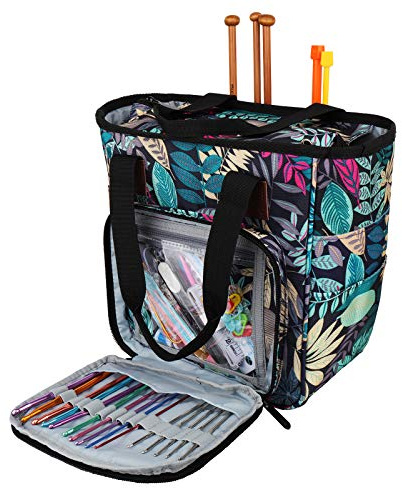 Coopay Sac de Rangement Laine Tricot,Sac de Tricot à La Main Organisateur de Fourre-Tout Voyage,Sacs à Tricoter pour Crochets, Aiguilles à Tricoter, Pelote de Laine et Tricot Accessoires - Forêt Bleu
