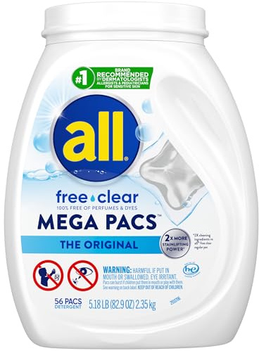 all Mega Pacs Laundry Detergent Pacs, Free Clear for Sensitive Skin, Unscented and Dye Free, 56 Count