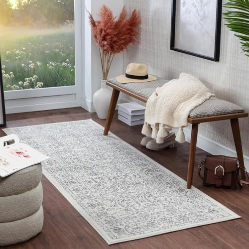 Livabliss Palermo Vintage Teppich Groß - Orientalischer Boho Kurzflor für Wohnzimmer, Esszimmer, Schlafzimmer - 80x220 cm, Einfache Pflege - Muster in Elfenbein, Grau