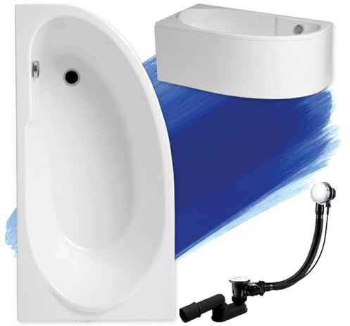 Baignoire d'angle MIKI d'origine blanche en acrylique 145 x 85 cm, kit complet avec tablier en acrylique blanc, pieds et bonde automatique exclusive chromée, fabriqué en UE, 4 en 1