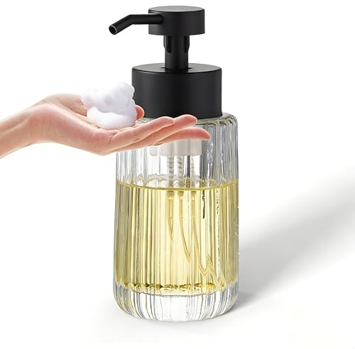 Easy Tang Glass Foaming Soap Dispenser with Black Pump, 12 OZ Vintage-Inspired Modern Glass Refillable Bottle, Hand Soap for Bathroom Countertop and Kitchen