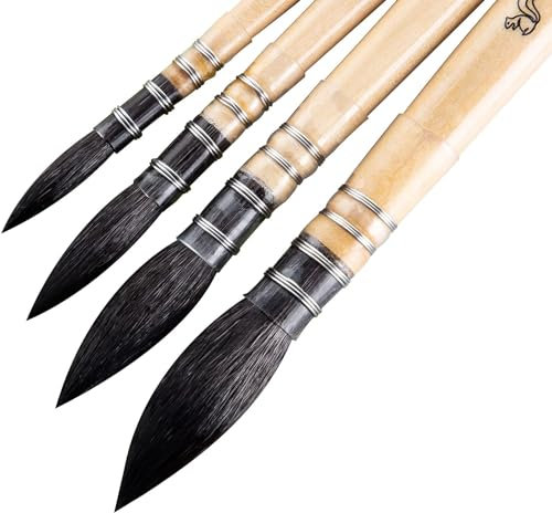 COOZEE Künstler-Pinsel, Professioneller Aquarellpinsel aus natürlichem Eichhörnchenhaar, rundes, spitzes Pinselset perfekt für Aquarellfarben, Gouache-Acrylmalerei(4 Pinsel)