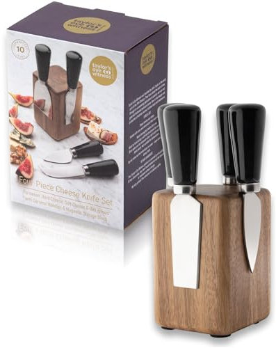 4 Piece Cheese Knife Set & Block - Stylish Cheese Knives Gift Set With Magnetic Acacia Wood Block. Black Coloured Ceramic Handles & Classic Polished Stainless Steel Blades. 10 Year Guarantee.