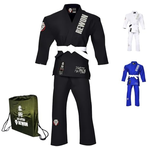 Rewon Brazilian Jiu Jitsu dräkt – kimono BJJ Gi, Aikido-kostym, män kvinnor Jiu Jitsu ultralätt sanforiserad uniform för träning och tävling, Svart-02, XL