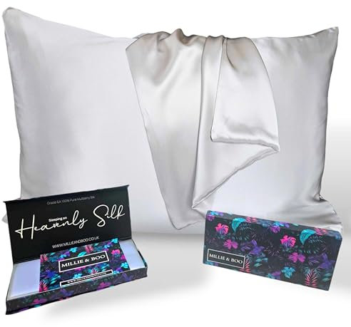 Millie & Boo Mulberry Silk Pillowcase 22 Momme, Organic Silk Pillowcase for Hair and Skin, 50 x 75 cm, Silver - Luxurious Gift Box for Women, Perfect for Beauty Sleep & Smooth Hair