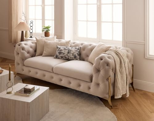 Lisa Design - Canapé Chesterfield Camden en Velours - Sofa Beige 3 Places - Salon Chesterfield