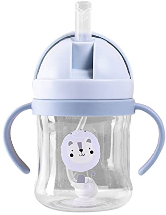 Taza para Sorber con Pajita Ponderada de 250 Ml, Taza Abatible con Mango Infantil a Prueba de Fugas con Patrón Animal para Niños, Color Azul
