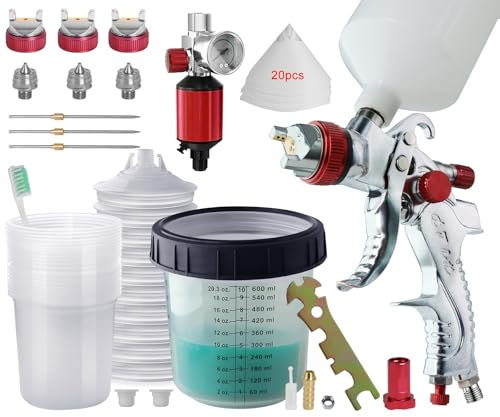 HVLP - Pistolet à peinture à air comprimé - 3 buses de 1,4 mm, 1,7 mm, 2,0 mm - Système de pulvérisation de peinture avec gobelet de mélange jetable - Comprend 10 couvercles de 600 ml et gobelet