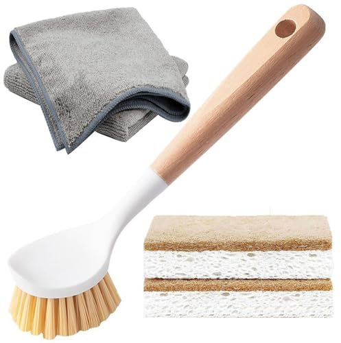 Xemnys Spazzola da tavola per cucina – Set di 5, contiene spazzole per stoviglie in legno manico Sisal Peli, spugna compostabile, panno in microfibra, per pulire lavello, pentole, padelle