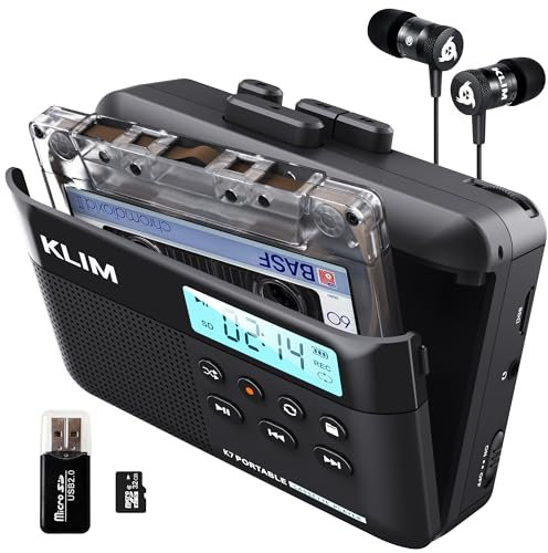 KLIM K7 Reproductor Cassette - Nuevo - Conversor de Cassette a MP3 - Cassette Player Portátil con Micrófono y Altavoz Integrados - Batería Recargable - Auriculares - Tarjeta SD 32 GB